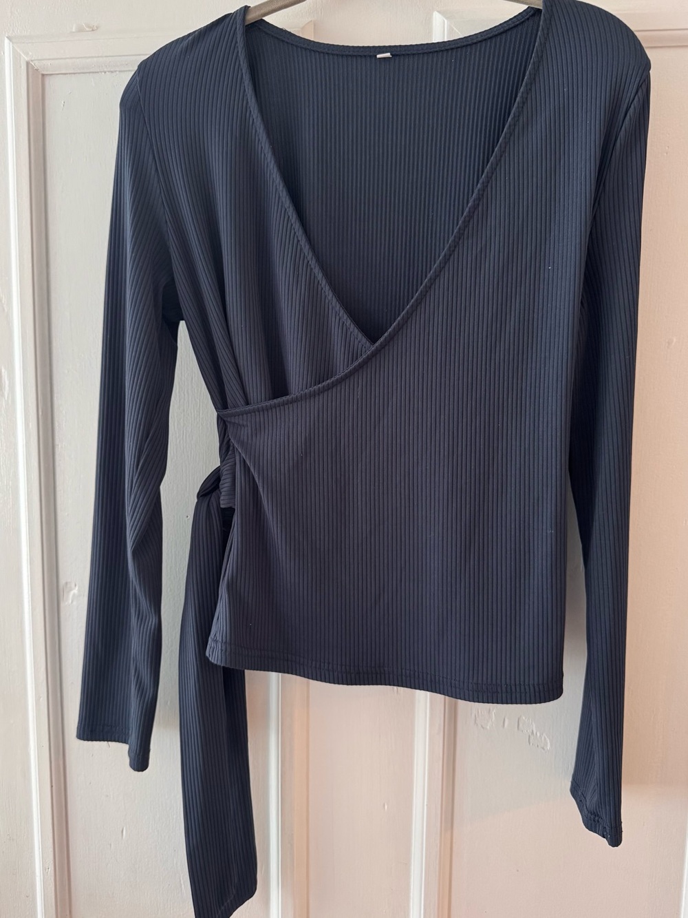 Ribbed Wrap Long-Sleeve Top — Black